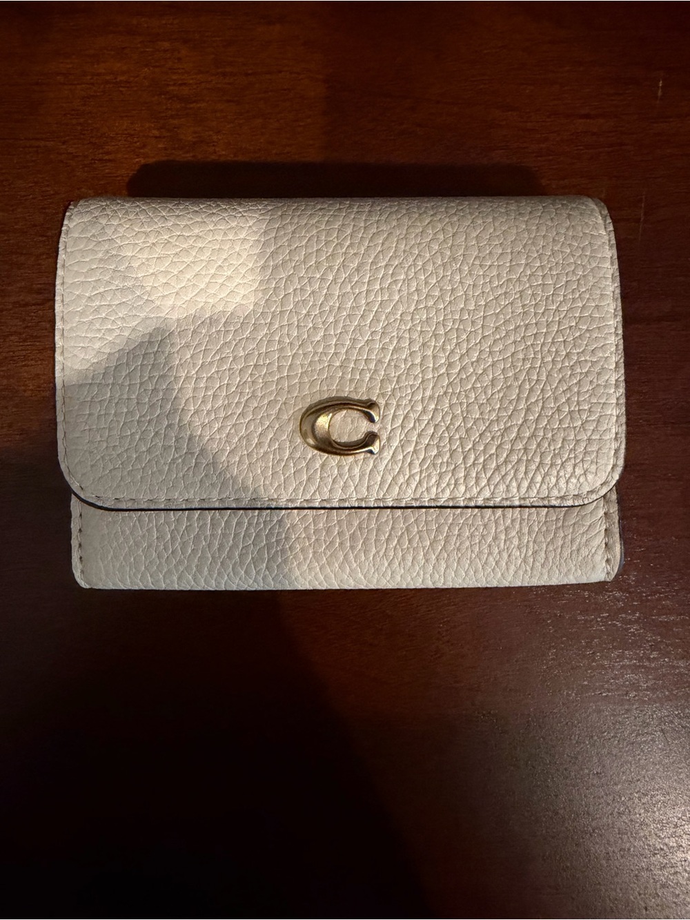 Coach Cream Pebbled Leather Compact Wallet with Gold C Logo
